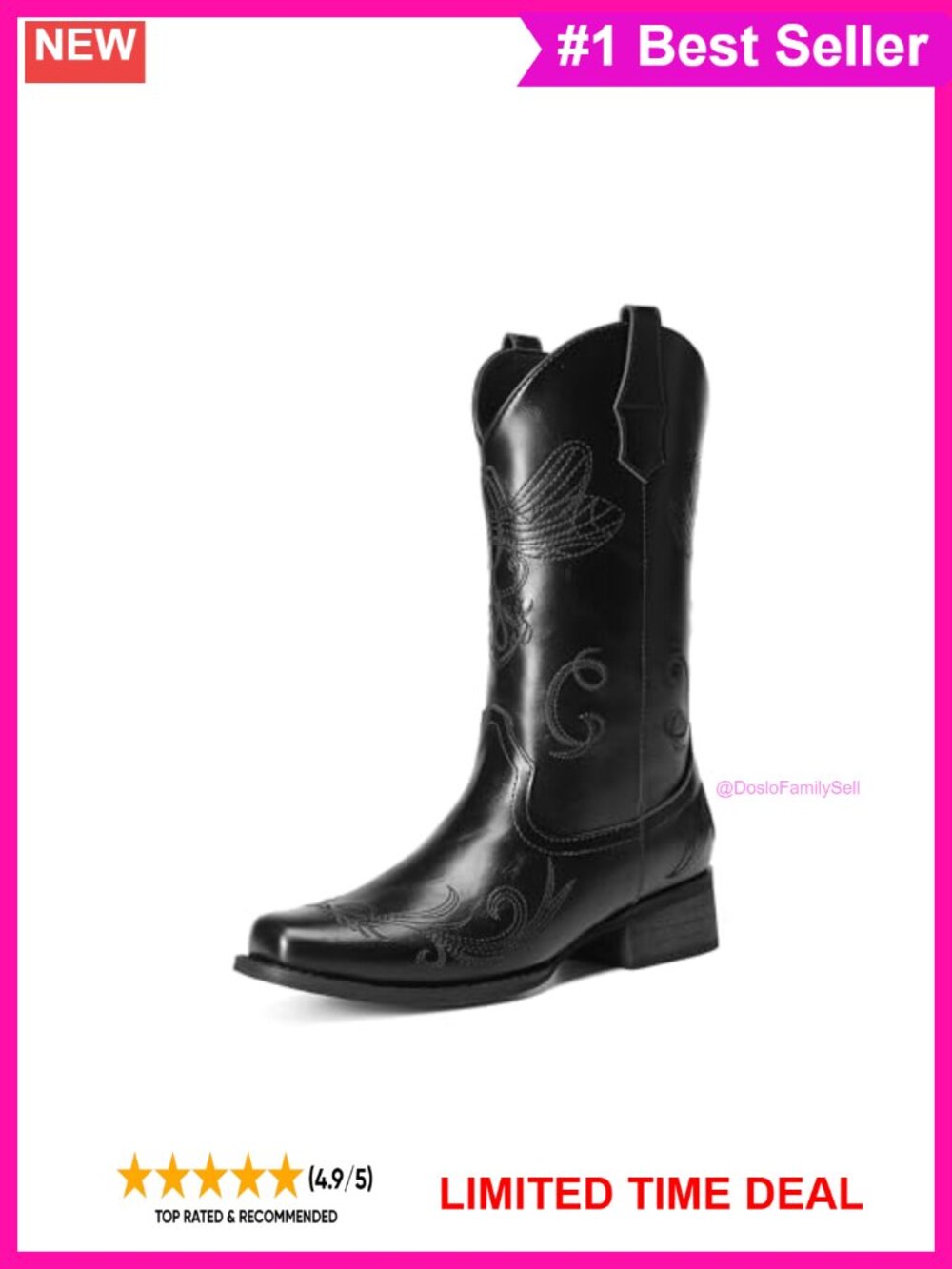Mid Calf Cowboy Boots Square Toe Faux Leather Western